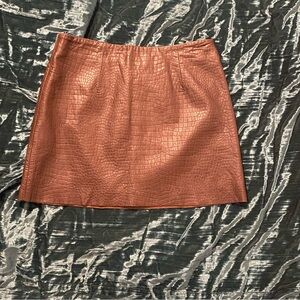 Brown Leather Croc-Embossed Skirt
